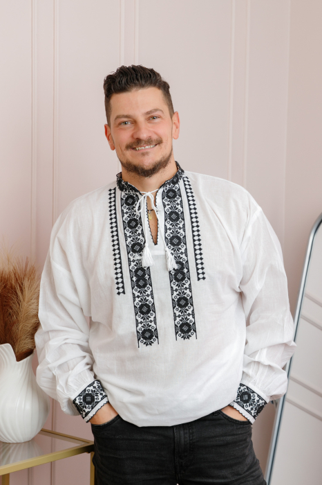 Camasa barbateasca traditionala alba cu motiv floral negru Mircea 02 [4]