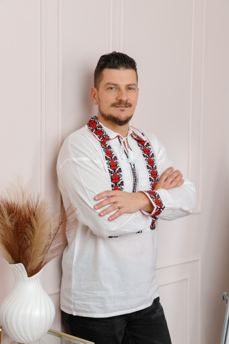 Camasa barbateasca traditionala alba cu motiv floral rosu David 01 [3]