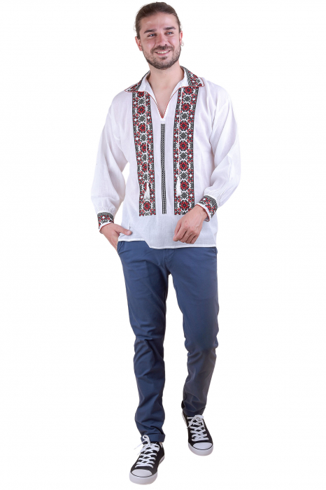 Camasa barbateasca traditionala alba cu motiv floral rosu Gabriel 01 [3]