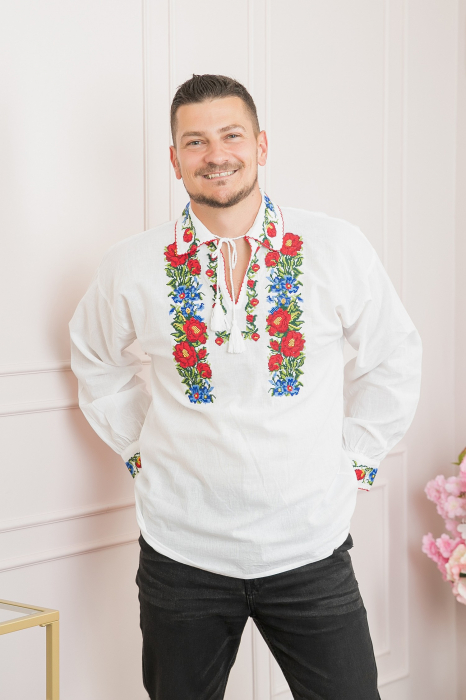 Camasa barbateasca traditionala alba cu motiv floral rosu Ianis [2]