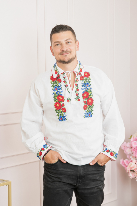 Camasa barbateasca traditionala alba cu motiv floral rosu Ianis [3]