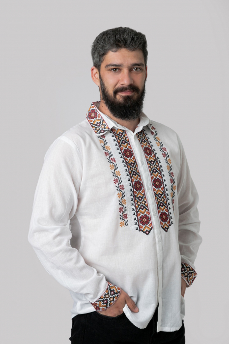 Camasa barbateasca traditionala alba cu motiv floral rosu Ioan 01 [4]