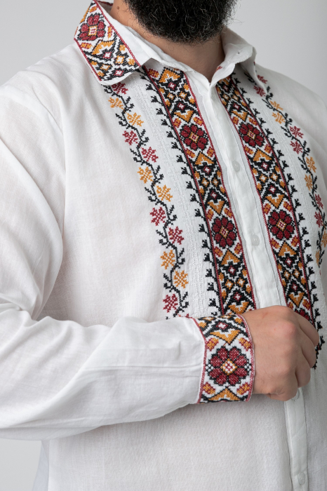 Camasa barbateasca traditionala alba cu motiv floral rosu Ioan 01 [2]