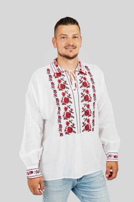 Camasa barbateasca traditionala alba cu motiv floral rosu Liviu 02 [4]
