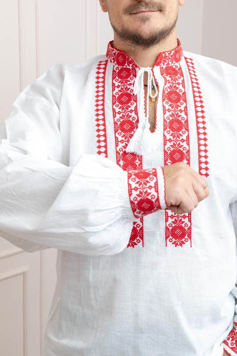 Camasa barbateasca traditionala alba cu motiv floral rosu Mircea [2]