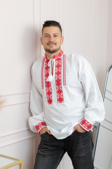Camasa barbateasca traditionala alba cu motiv floral rosu Mircea [4]