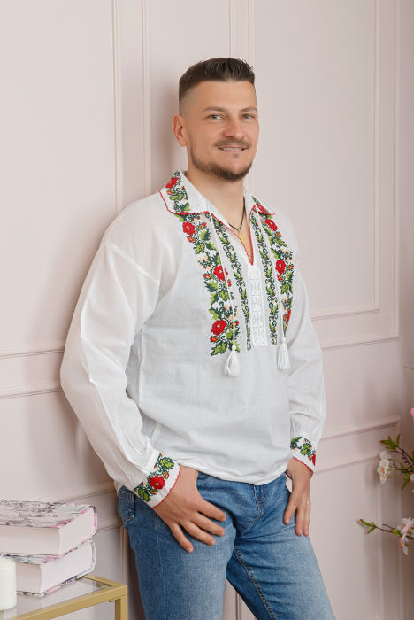Camasa barbateasca traditionala alba cu motiv floral rosu Mugur [3]