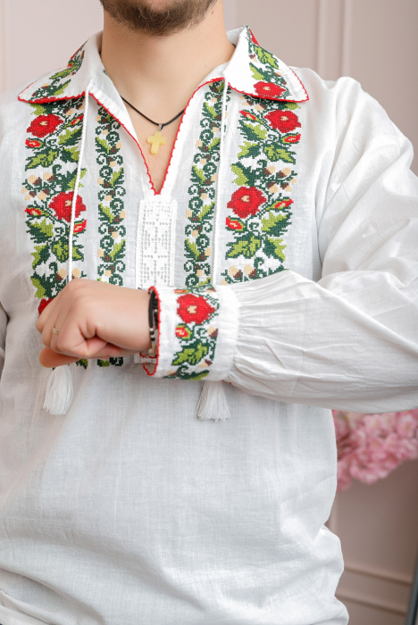 Camasa barbateasca traditionala alba cu motiv floral rosu Mugur [2]