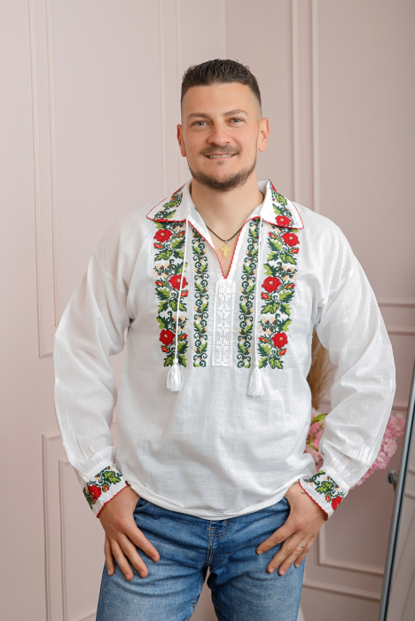 Camasa barbateasca traditionala alba cu motiv floral rosu Mugur [4]