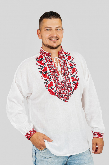 Camasa barbateasca traditionala alba cu motiv floral rosu Dominic 03 [4]