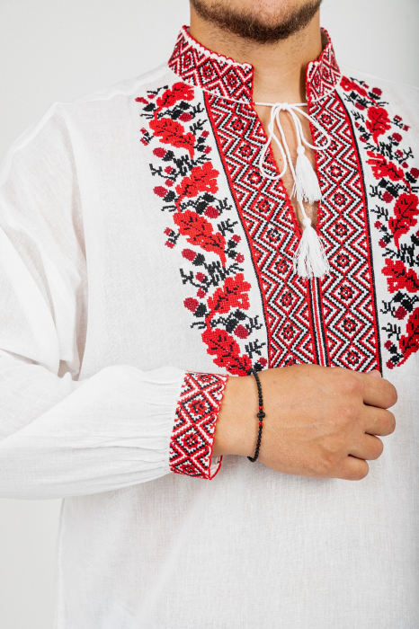 Camasa barbateasca traditionala alba cu motiv floral rosu Dominic 03 [2]