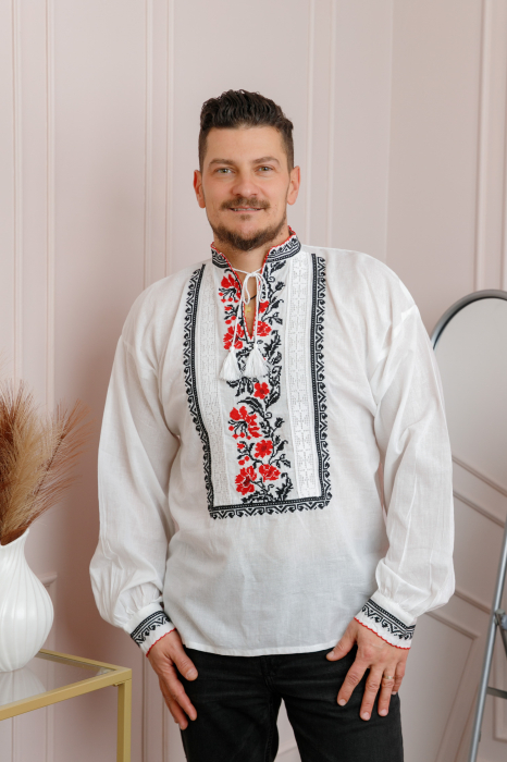 Camasa barbateasca traditionala alba cu motiv floral rosu Sabin [3]