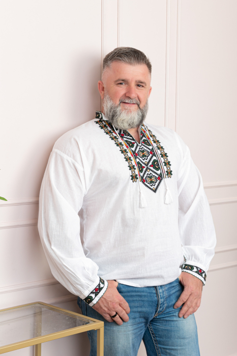 Camasa barbateasca traditionala alba cu motiv floral verde Catalin [3]