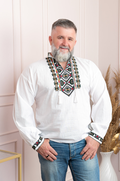 Camasa barbateasca traditionala alba cu motiv floral verde Catalin [4]