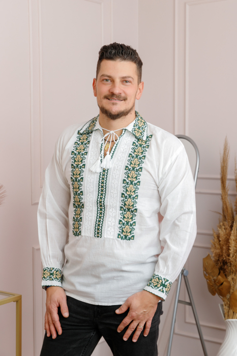 Camasa barbateasca traditionala alba cu motiv floral verde David 02 [3]