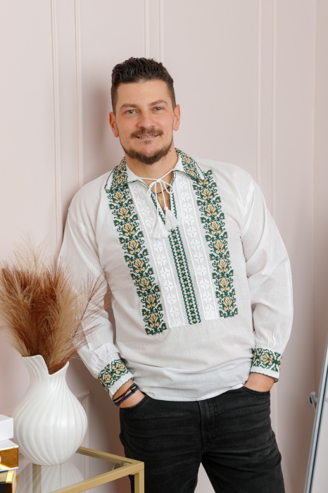 Camasa barbateasca traditionala alba cu motiv floral verde David 02 [4]