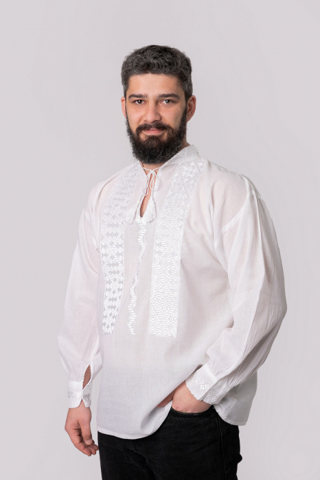 Camasa barbateasca traditionala alba cu motiv geometric alb Iacob 01 [4]