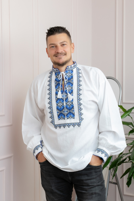 Camasa barbateasca traditionala alba cu motiv geometric albastru Alin [1]