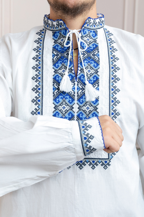Camasa barbateasca traditionala alba cu motiv geometric albastru Alin [4]