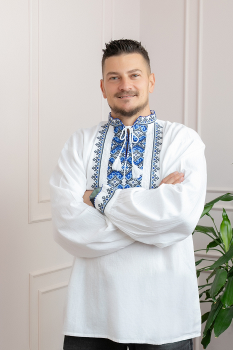 Camasa barbateasca traditionala alba cu motiv geometric albastru Alin [2]