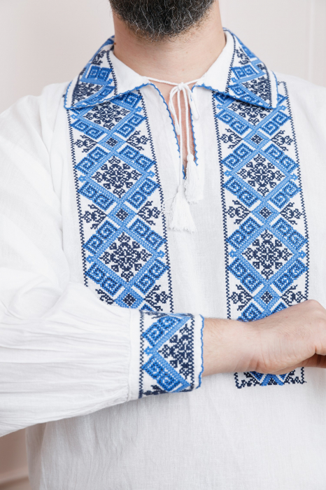 Camasa barbateasca traditionala alba cu motiv geometric albastru Costin [2]
