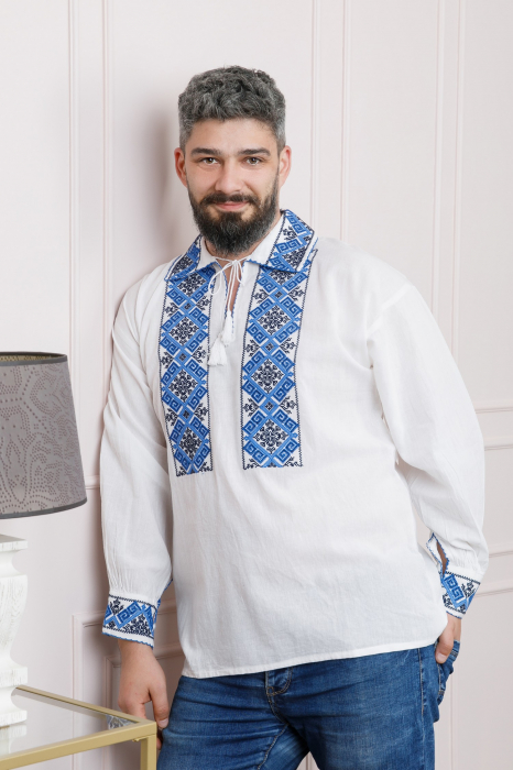 Camasa barbateasca traditionala alba cu motiv geometric albastru Costin [4]