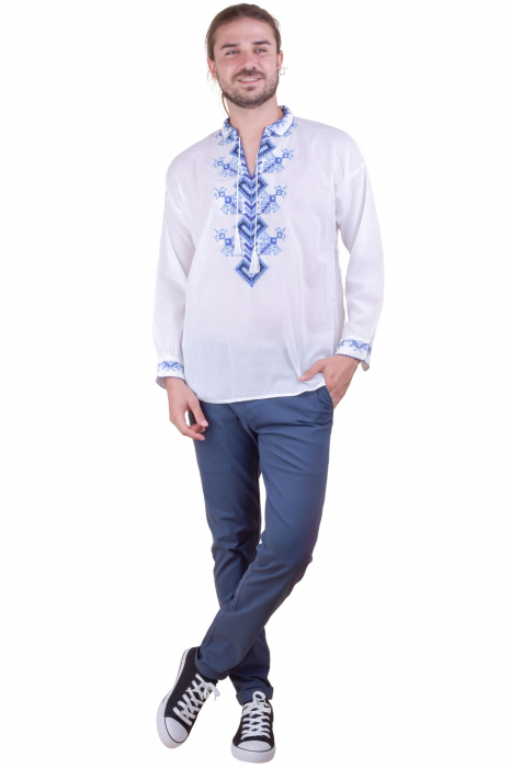 Camasa barbateasca traditionala alba cu motiv geometric albastru Eduard 01 [4]
