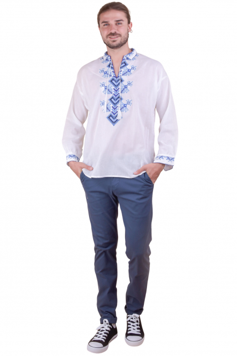 Camasa barbateasca traditionala alba cu motiv geometric albastru Eduard 01 [5]