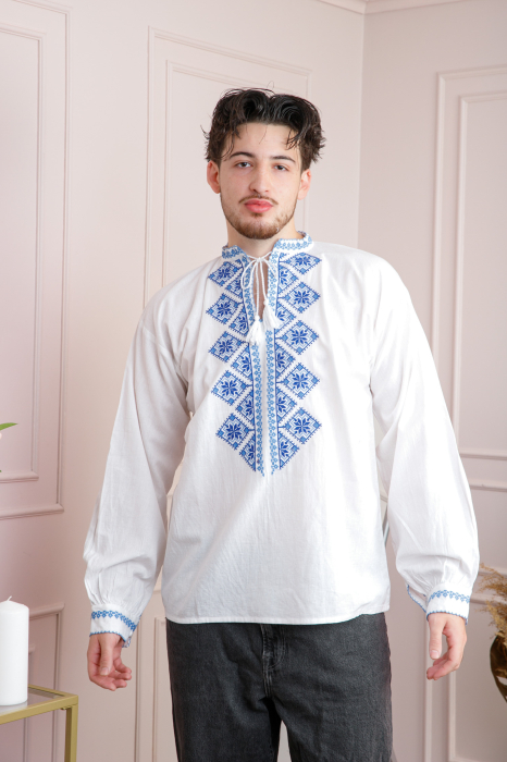Camasa barbateasca traditionala alba cu motiv geometric albastru Emil 02 [4]