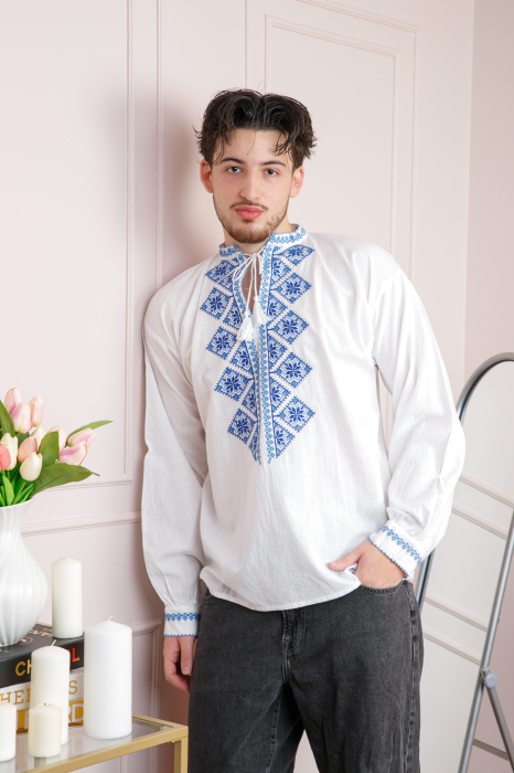Camasa barbateasca traditionala alba cu motiv geometric albastru Emil 02 [3]