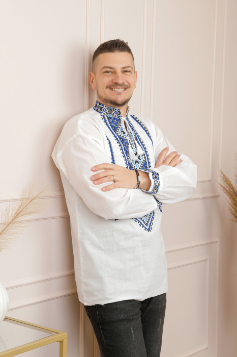 Camasa barbateasca traditionala alba cu motiv geometric albastru Flavius [3]