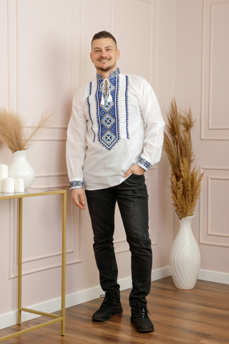 Camasa barbateasca traditionala alba cu motiv geometric albastru Flavius [5]