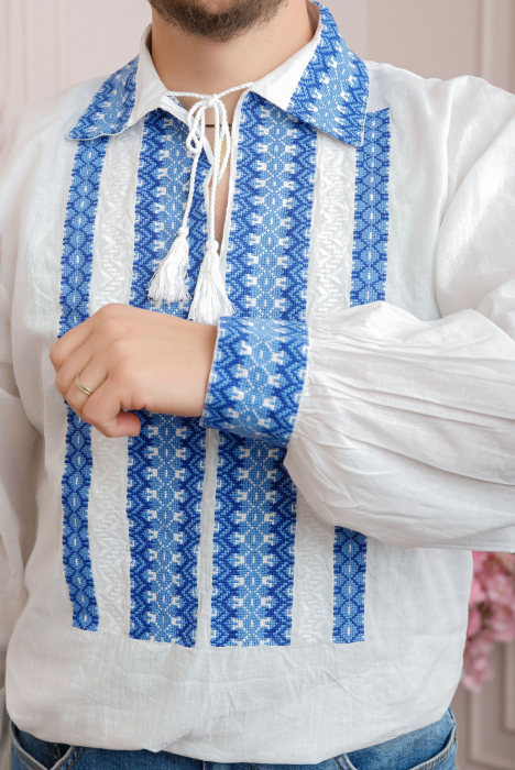 Camasa barbateasca traditionala alba cu motiv geometric albastru Horia 02 [2]