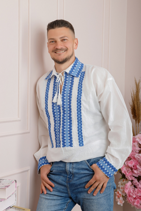 Camasa barbateasca traditionala alba cu motiv geometric albastru Horia 02 [4]