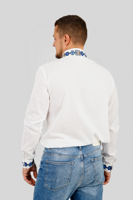 Camasa barbateasca traditionala alba cu motiv geometric albastru Ovidiu 02 [3]