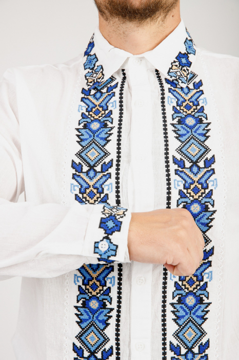 Camasa barbateasca traditionala alba cu motiv geometric albastru Ovidiu 02 [2]