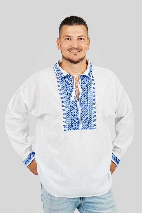 Camasa barbateasca traditionala alba cu motiv geometric albastru Pavel 02 [4]