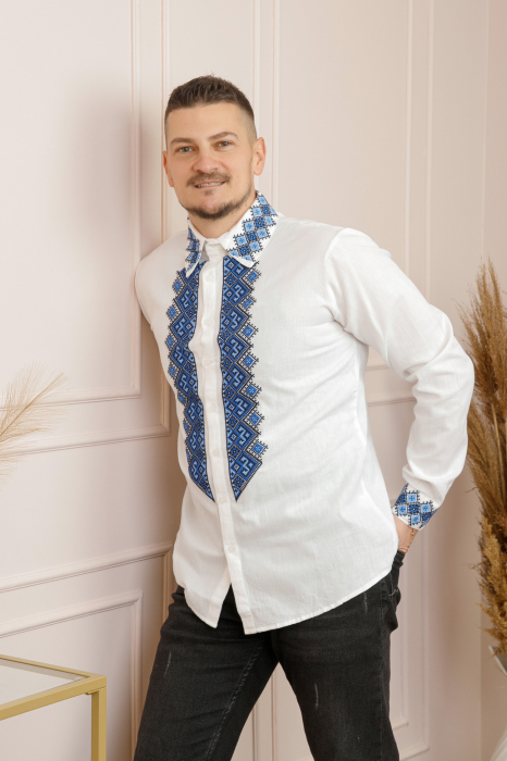 Camasa barbateasca traditionala alba cu motiv geometric albastru Petru 08 [3]