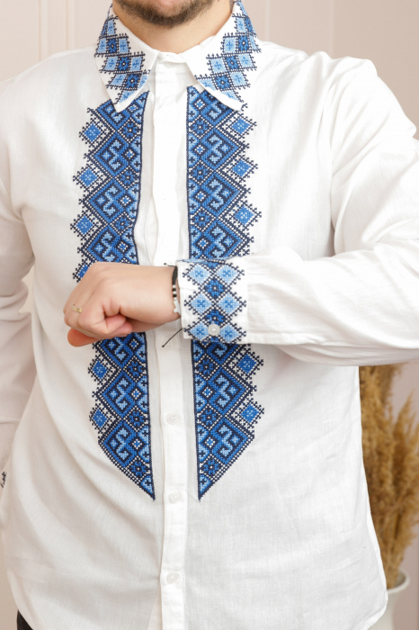 Camasa barbateasca traditionala alba cu motiv geometric albastru Petru 08 [2]