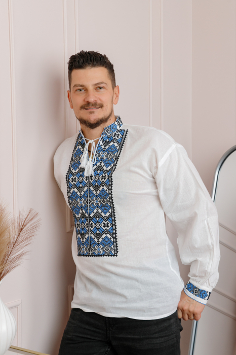 Camasa barbateasca traditionala alba cu motiv geometric albastru Rares [3]