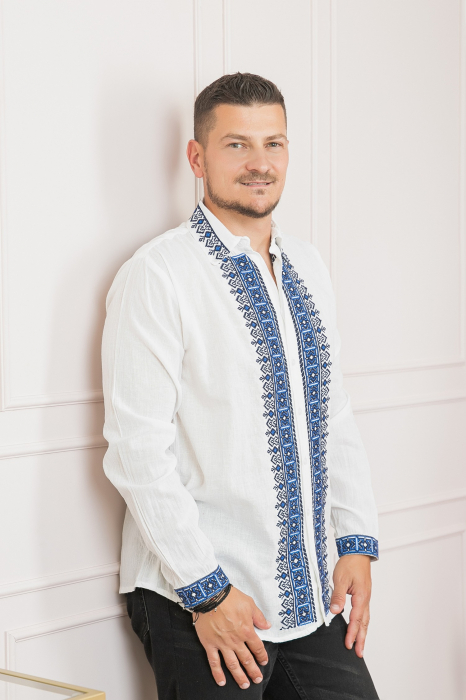 Camasa barbateasca traditionala alba cu motiv geometric albastru Razvan 02 [3]