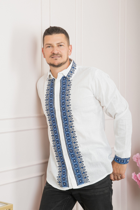 Camasa barbateasca traditionala alba cu motiv geometric albastru Razvan 02 [4]