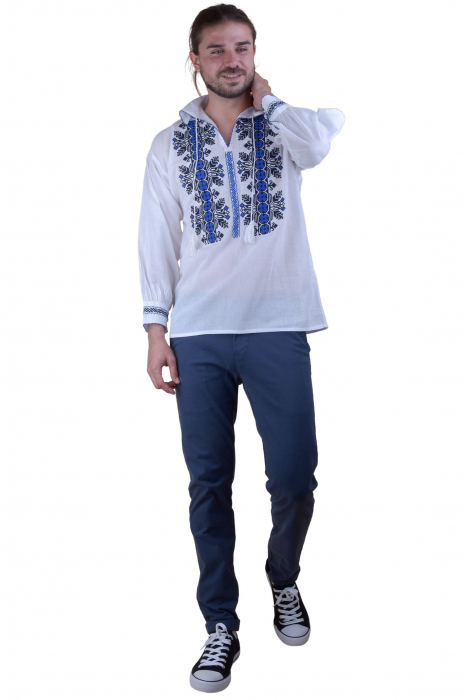 Camasa barbateasca traditionala alba cu motiv geometric albastru Alexandru 02 [4]