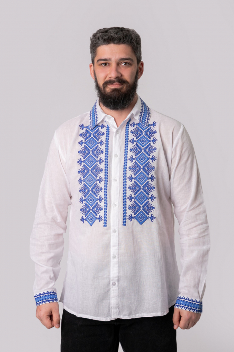 Camasa barbateasca traditionala alba cu motiv geometric albastru Ivan 02 [4]