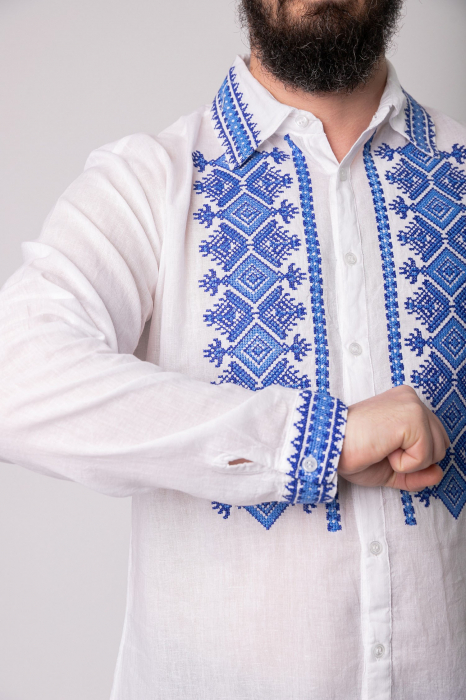 Camasa barbateasca traditionala alba cu motiv geometric albastru Ivan 02 [2]