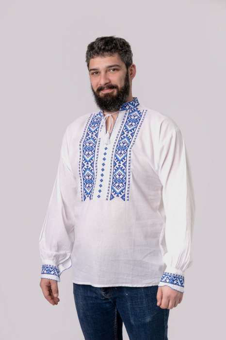 Camasa barbateasca traditionala alba cu motiv geometric albastru Carol 02 [4]