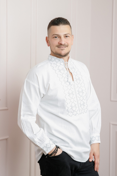 Camasa barbateasca traditionala alba cu motiv geometric argintiu Cezar 02 [3]