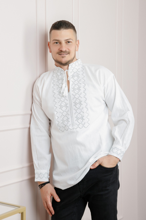 Camasa barbateasca traditionala alba cu motiv geometric argintiu Cezar 02 [4]