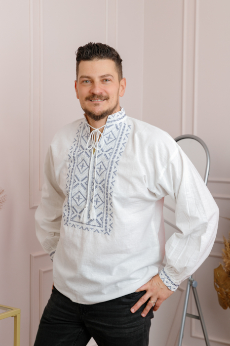 Camasa barbateasca traditionala alba cu motiv geometric argintiu Silviu 01 [4]