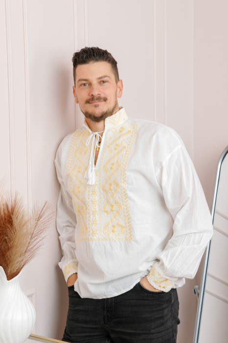 Camasa barbateasca traditionala alba cu motiv geometric auriu Sebastian 02 [3]